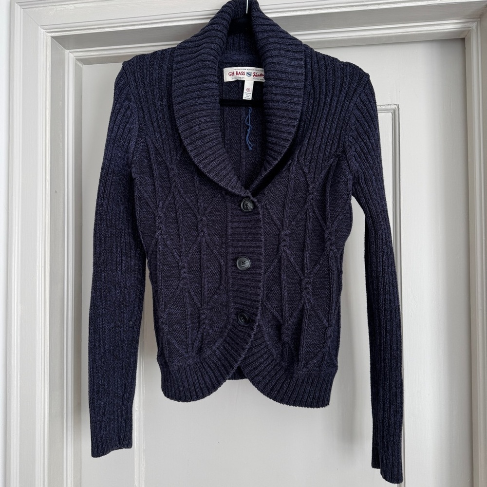 Women’s G.H. Bass navy blue cable knit cardigan 100% cotton size M